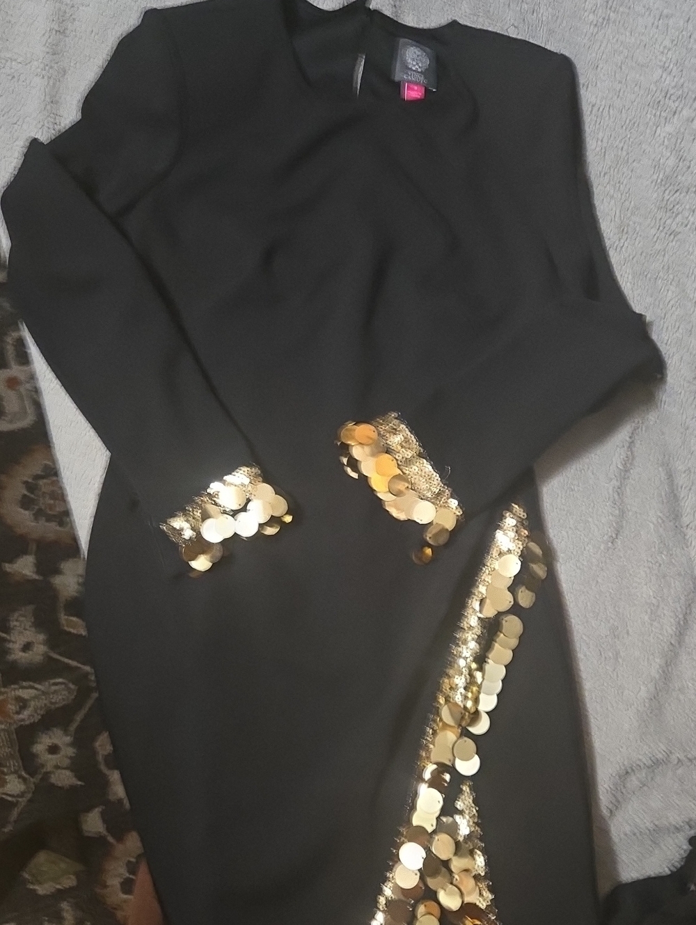 Vince Camuto Black Dress with Gold Sequin Trim - Elegant Long Sleeve Dress